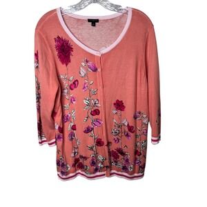 Talbots Plus Coral Floral‎ Cardigan Sweater Women's X 3/4 Sleeve Feminine Artsy